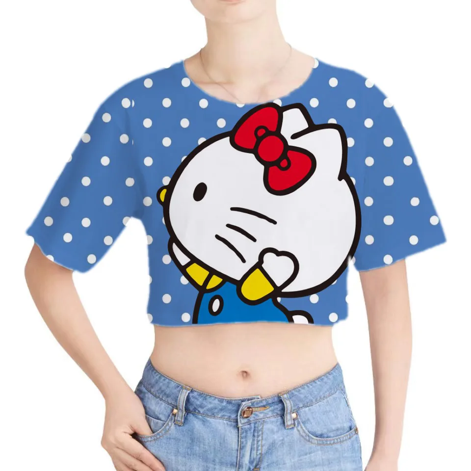 

Футболка с рисунком Hello Kitty, короткий топ, женская летняя новая Корейская версия, свободная футболка с коротким рукавом, модная рубашка больш...