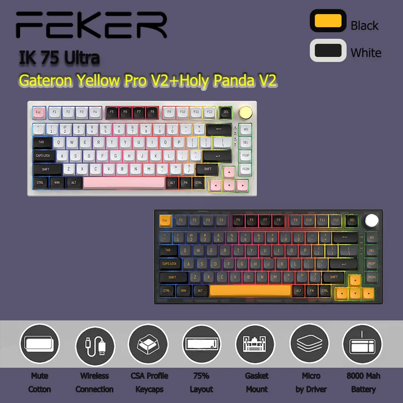 

KeysLand FEKER IK75 Ultra Pro RGB Mechanical Keyboard Gaming Metal Knob Gasket Wireless Gateron Yellow Pro PBT keycap Holy Panda