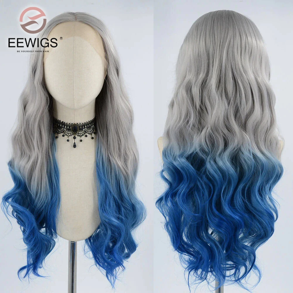 Body Wave Synthetic Ombre Grey Blue Colored 30 Inch Glueless 13X4 Transparent Lace Front Drag Queen Wigs For Women Preplucked