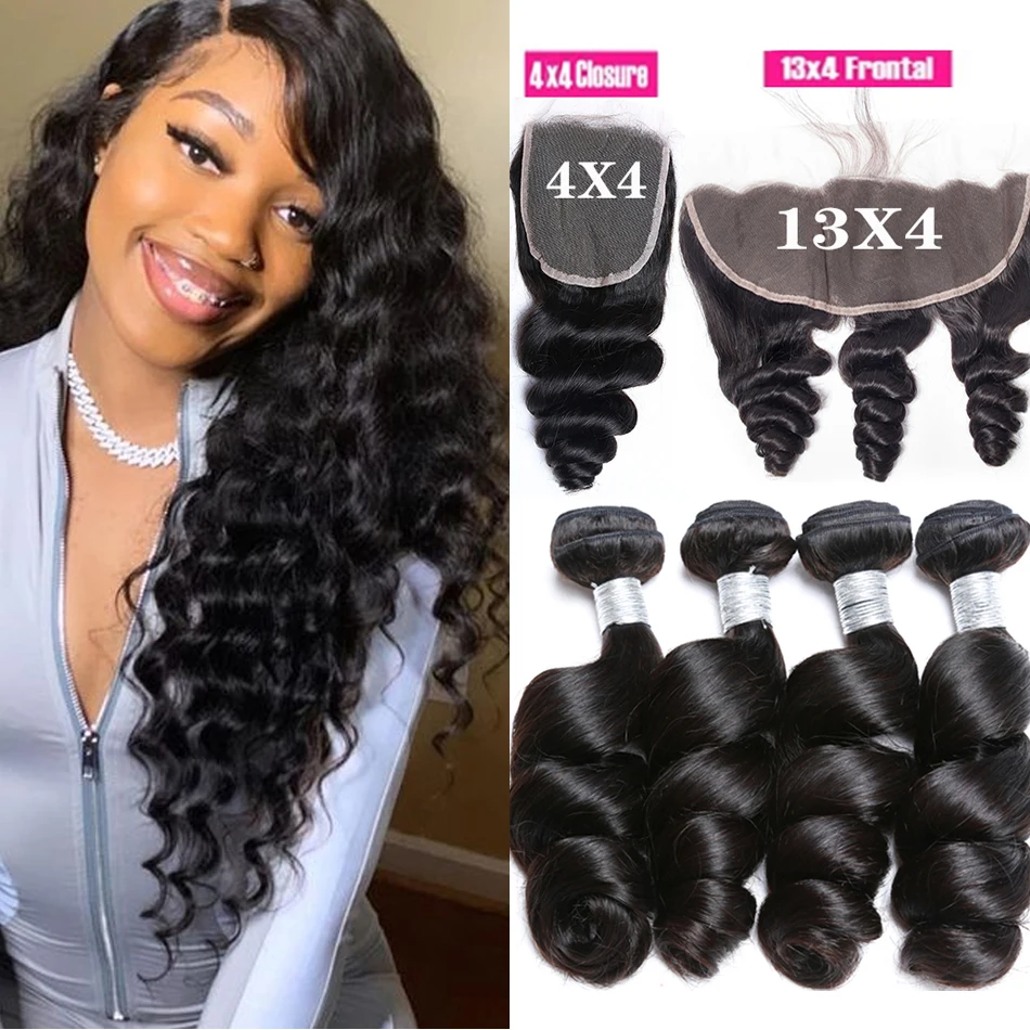 

Indian Loose Wave Bundles With Frontal Wet and Wavy Curly 12A Human Hair Bundles With Remy Hair Weave 3 Bundles With 4X4 Closure