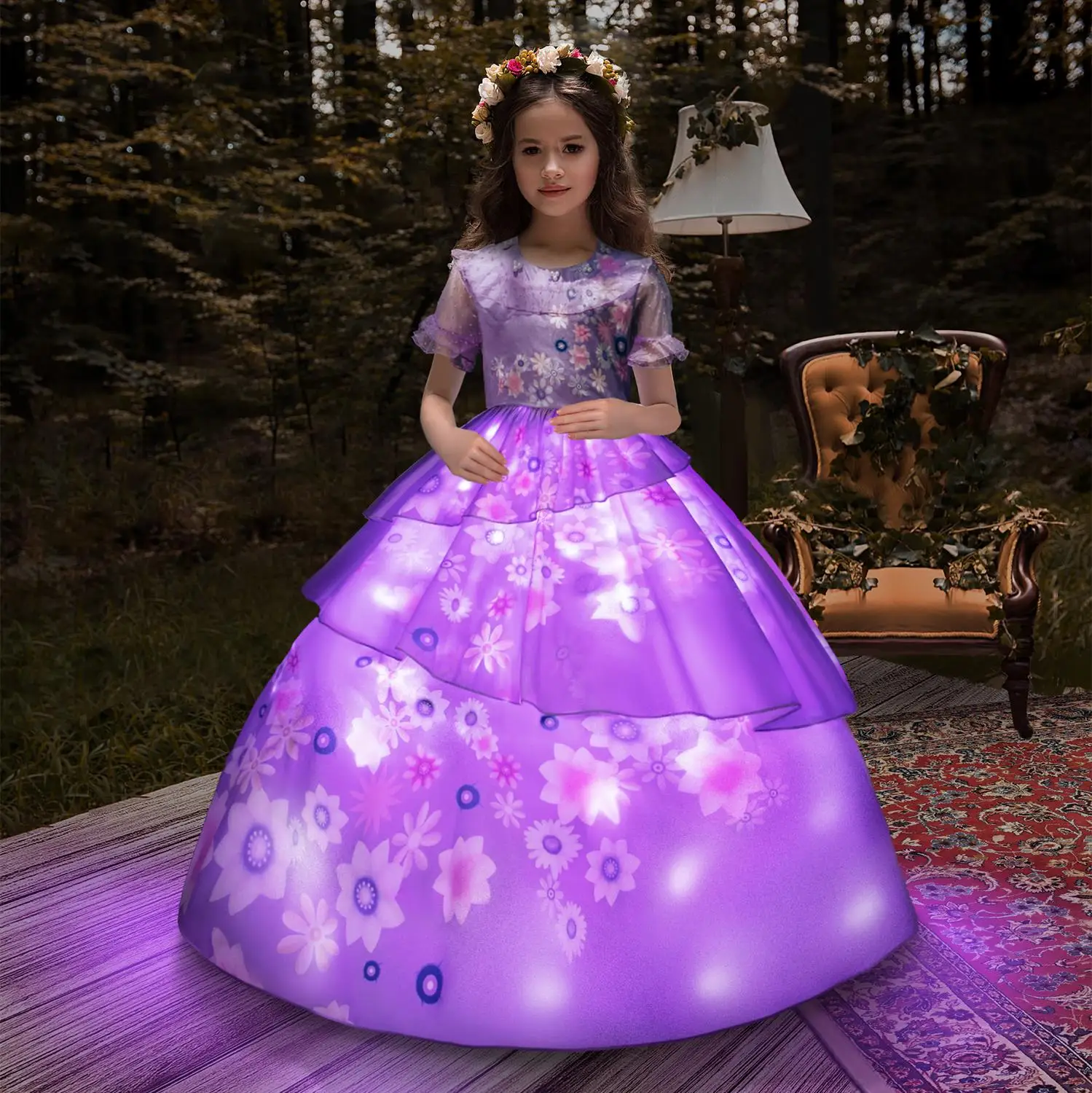 Uporpor Light Up Encanto Costume Princess Dress Suit Glamour Girl Cosplay Mirabell Princess Carnival Halloween Birthday Party