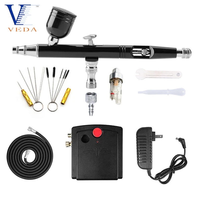 VEDA Portable Mini Airbrush Air Compressor Set with Airbrush Cleaning Tool and Filter for Tattoo Art DIY Models Spray Paint Cake