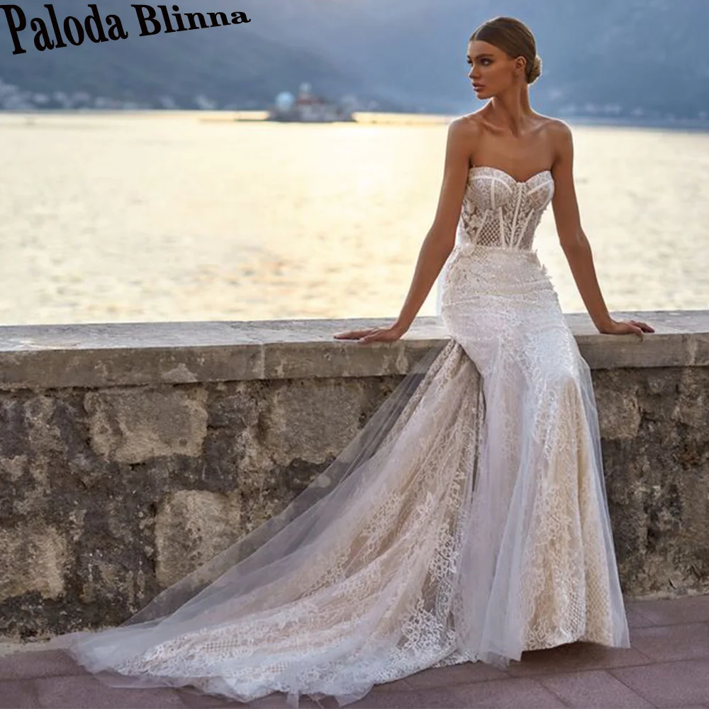 

Paloda Attractive Sweetheart Trumpet Wedding Dresses For Bride Applique Lacing Up Court Train Tulle Backless Sleeveless Pleat