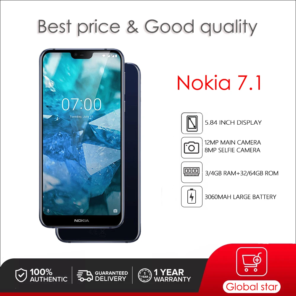 

Nokia 7.1 Original Unlocked 5.84 inch 12MP+8MP 3GB+32GB 4GB+64GB 3060mAh 4G cheap mobile phone