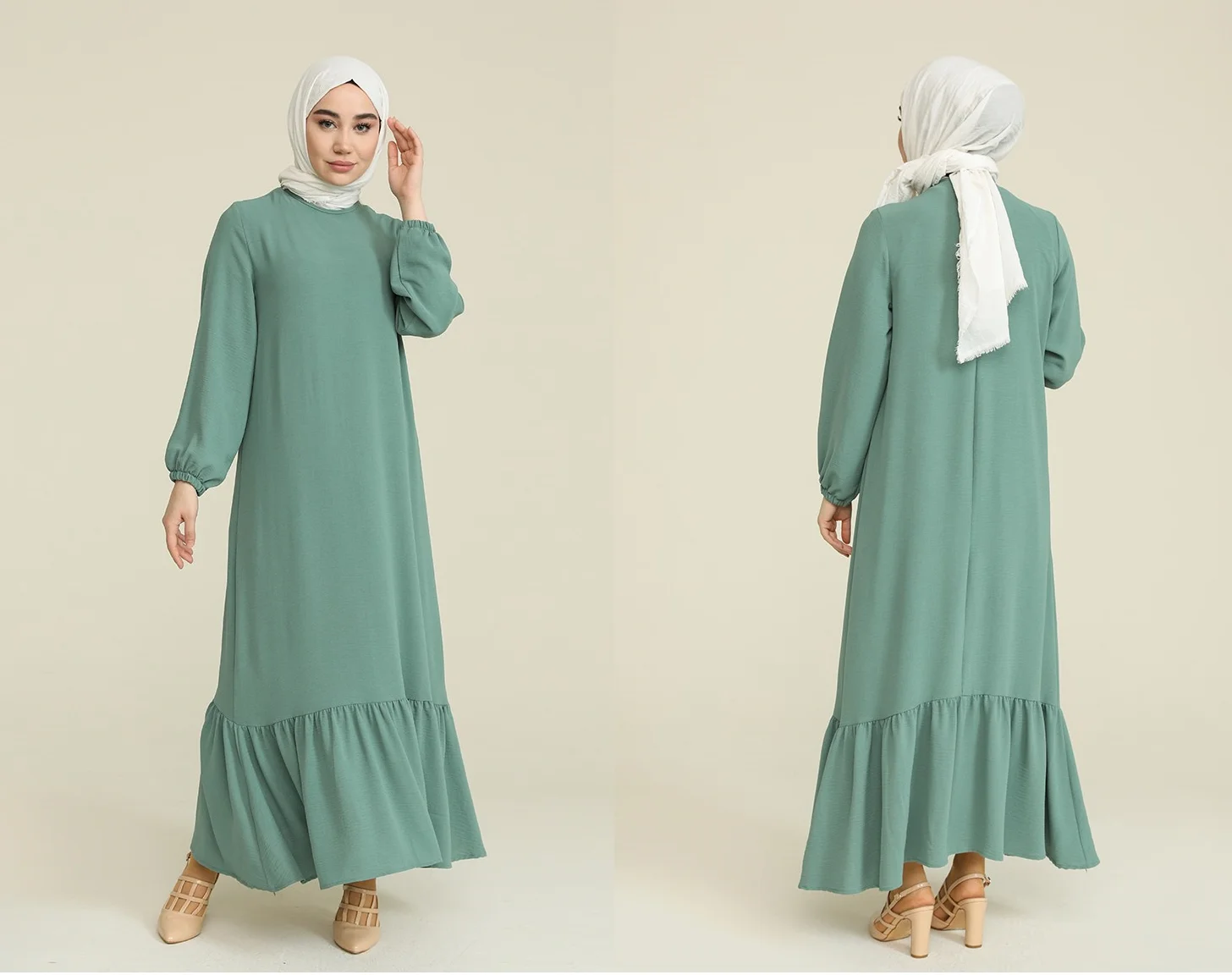 

New season yazlık Muslim female plain simple detail without lining button crew neckline long rubber sleeve dress casual stylish fashion islamic