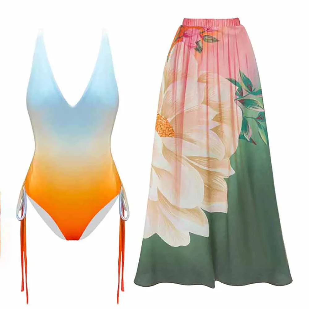 

Gradient One Piece Swimsuit Suspender Bikini Sexy Drawstring Backless V-Neck Push Up Beachwear Elegant Women Printed Beach Skirt