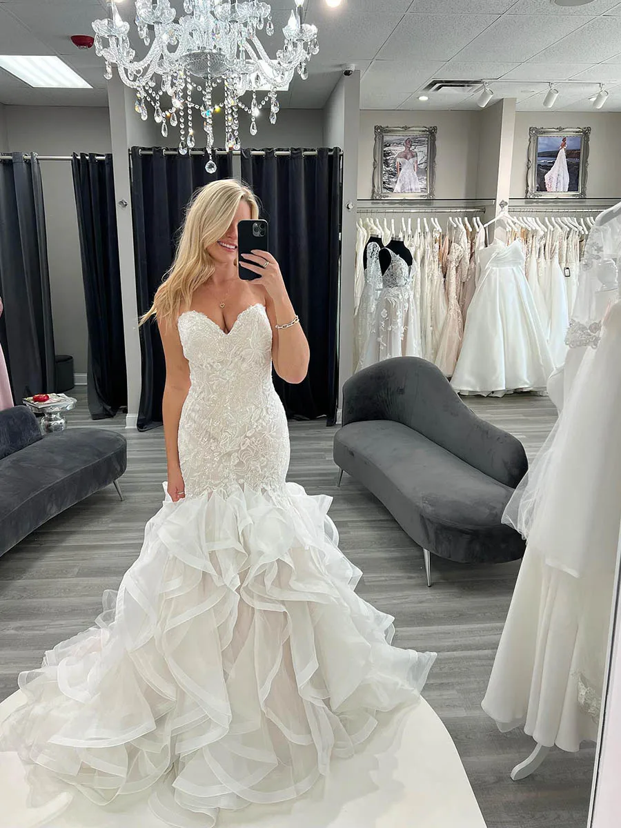 

Miaoduo Elegant Mermaid Wedding Dresses With Ruffles Sweetheart Lace White Ivory Bride Gowns Customized Real Photos