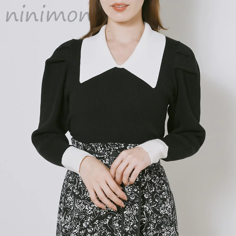 

NINIMON New Lapel Slim Tops Women Knitted Sweater Autumn Winter V Neck Long Sleeve Pullover Shirts Office Polo Jumper Fashion