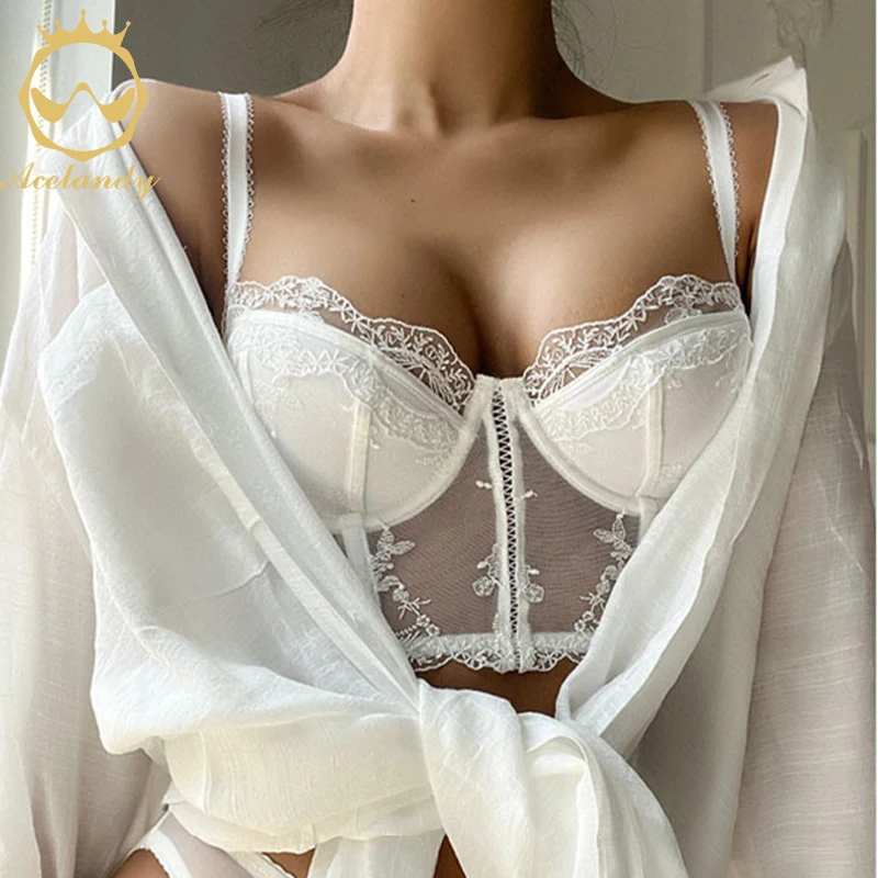 ACELANDY-French White Lingerie Sexy Women's Underwear Set Push Up Brassiere Lace Embroidery Bra Panty Sets Wedding Underwear