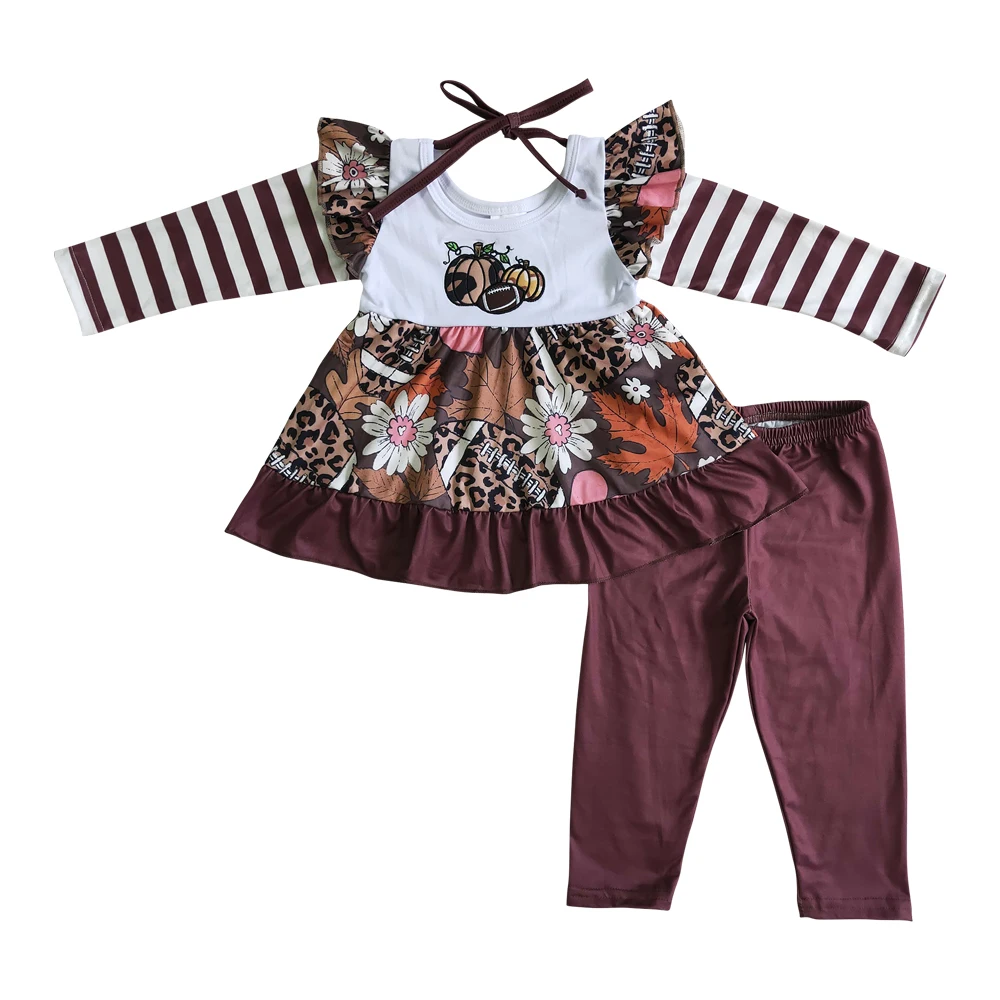 

Одежда для девочек RTS 2022, туника с длинным рукавом и вышивкой в виде тыквы, футбола, в полоску, топ, штаны, наряд, детская одежда на Хэллоуин