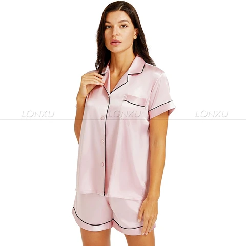 Женский Шелковый Атласный пижамный комплект LONXU, однотонная Милая пижама из двух предметов для женщин, летняя Пижама, домашняя одежда, костюмы