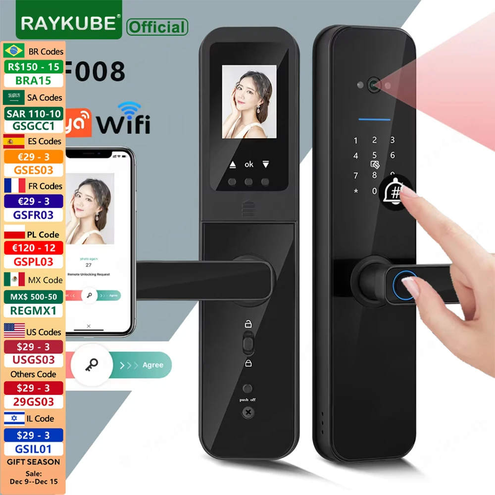 Фото RAYKUBE F008 Tuya Wi-Fi глазок HD камера отпечаток пальца цифровой умный дверной замок со встроенным шлюзом приложение удаленная разблокировка №1