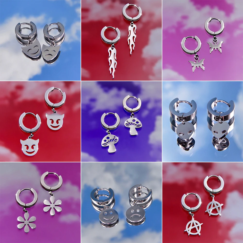 

Vintage Punk Stainless Steel Hoop Earrings Hip Hop Mushroom Smiley Demon Butterfly Flower Earrings For Women Party Jewelry Gift