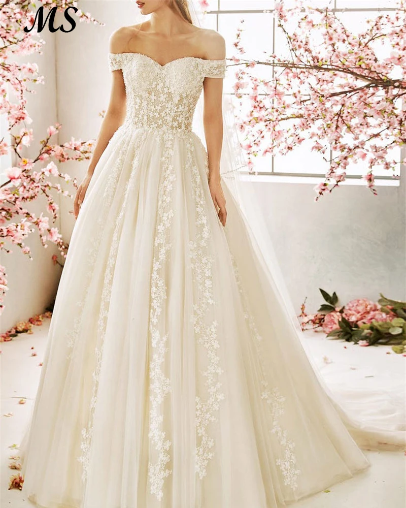 

MS Exquisite Wedding Dress Off The Shoulder Lace Appliques Sweetheart Floor Length Bridal Party Gowns For Bride Custom Made 2022