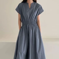 clothland women elegant midi dress v neck short sleeve high waist korean style vintage mid calf dresses vestido qb258