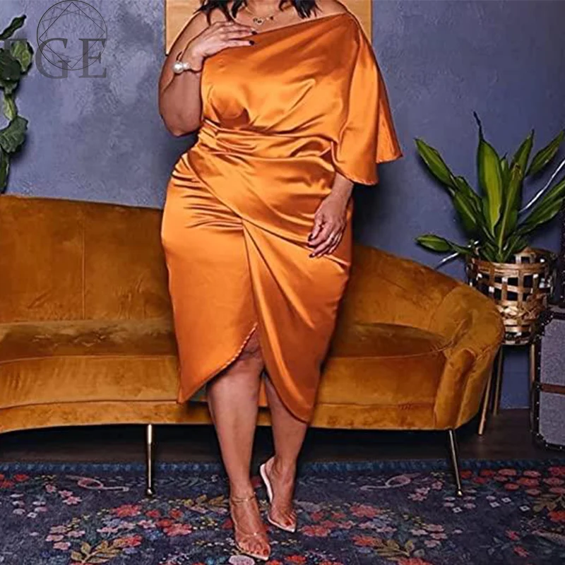 Women's Plus Size Satin One Shoulder Ruched Bodycon Asymmetrical Party Cocktail Midi Long Dress