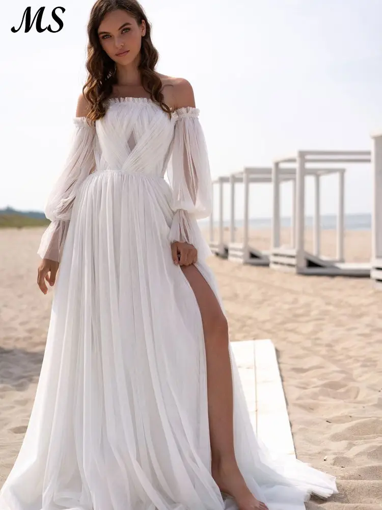 

MS Simple A Line Wedding Dress Puff Sleeves Strapless Front Silt Bridal Party Gowns For Bride 2022 Robe De Mariee Custom Made