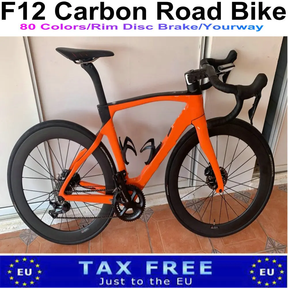 

T1000 New Assembled DISK F12 Road Bicycle Carbon Venus Orange Complete Bike Glossy with R7020 groupset 60mm 6 bolts Wheelset