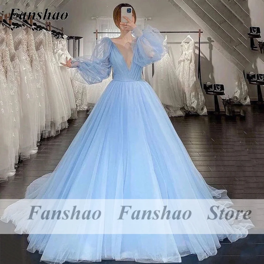

wd356 Ball Gown Quinceanera Dress Tulle Prom Party Dress Long Puff Sleeves Formal Evening Gowns Deep V-Neck Pleats Custom Mad