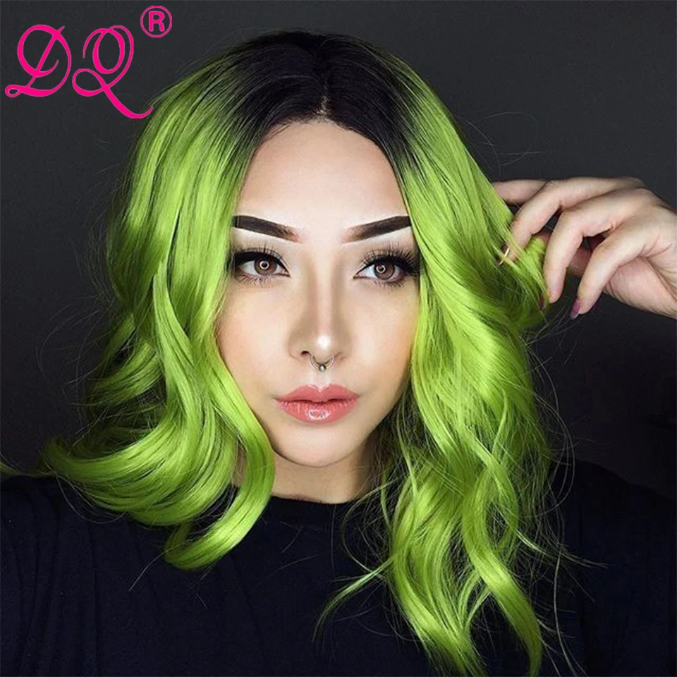 Synthetic Wig Wavy Hair 613Honey Blond Ombre Green Colored Lace Frontal Wigs for Women Body Wave Shost Cut Bob Wigs Cosplay Pary