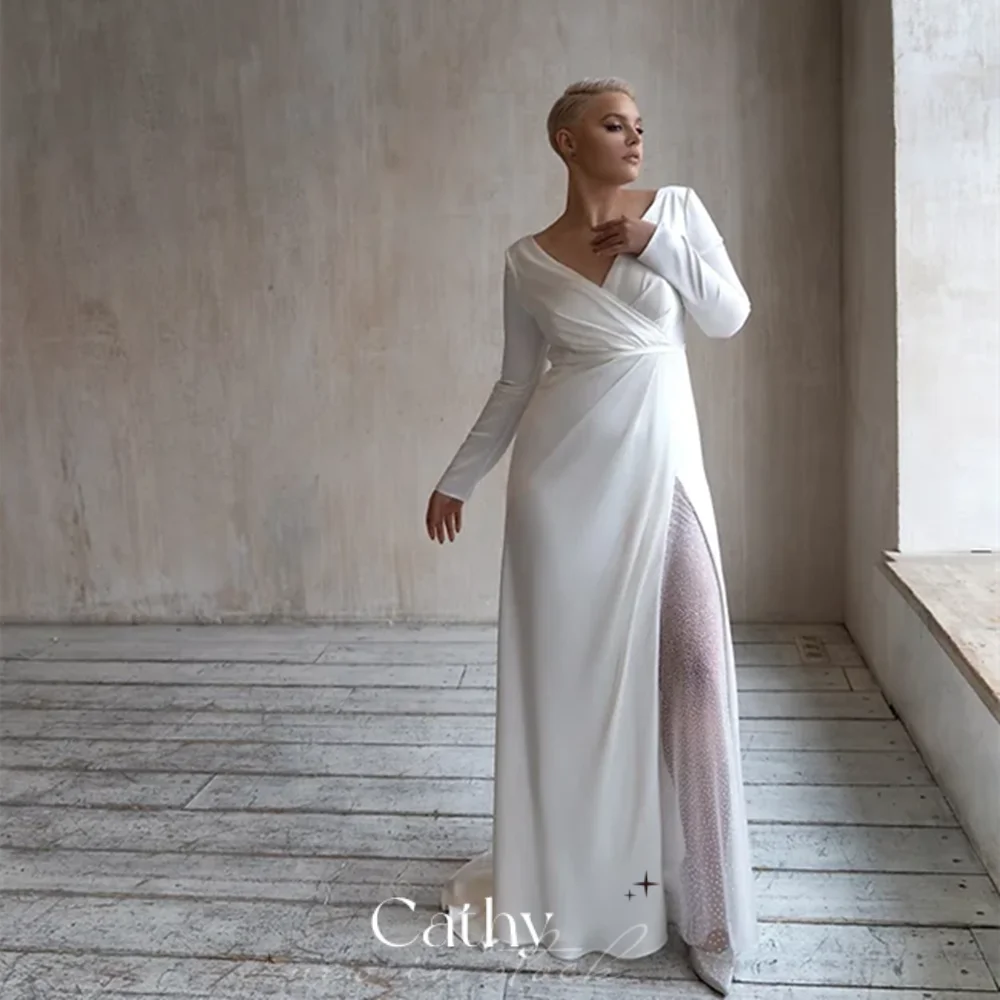 

Beach Wedding Gown For Bride 2022 Elegant Long Sleeve Bridal Gown Simple Matte Satin Wedding Dress Glitter Vestidos De Novia