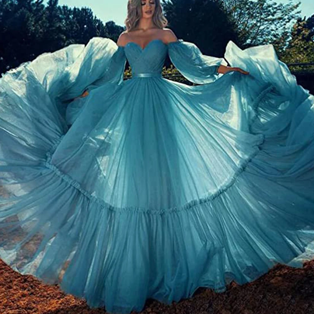 

Long Sleeve Formal Dresses A Line Prom Dress Elegant Puffy Dress Floor Length Off Shoulder Chiffon With Tier Ball Gown For Women