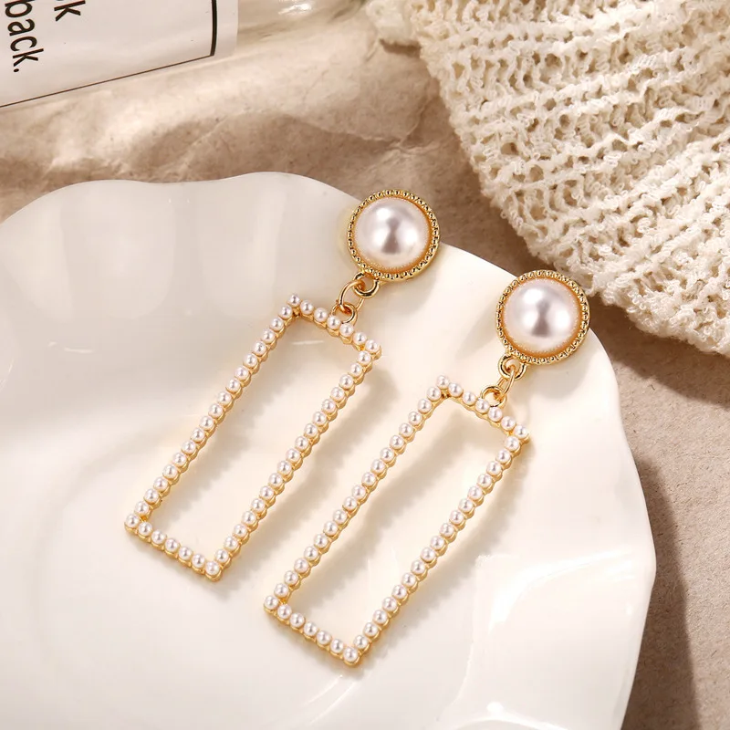 

European And American Creative Retro Simple Geometric Rectangle Pearl Hollow Pendant Earrings Romantic Ladies Jewelry