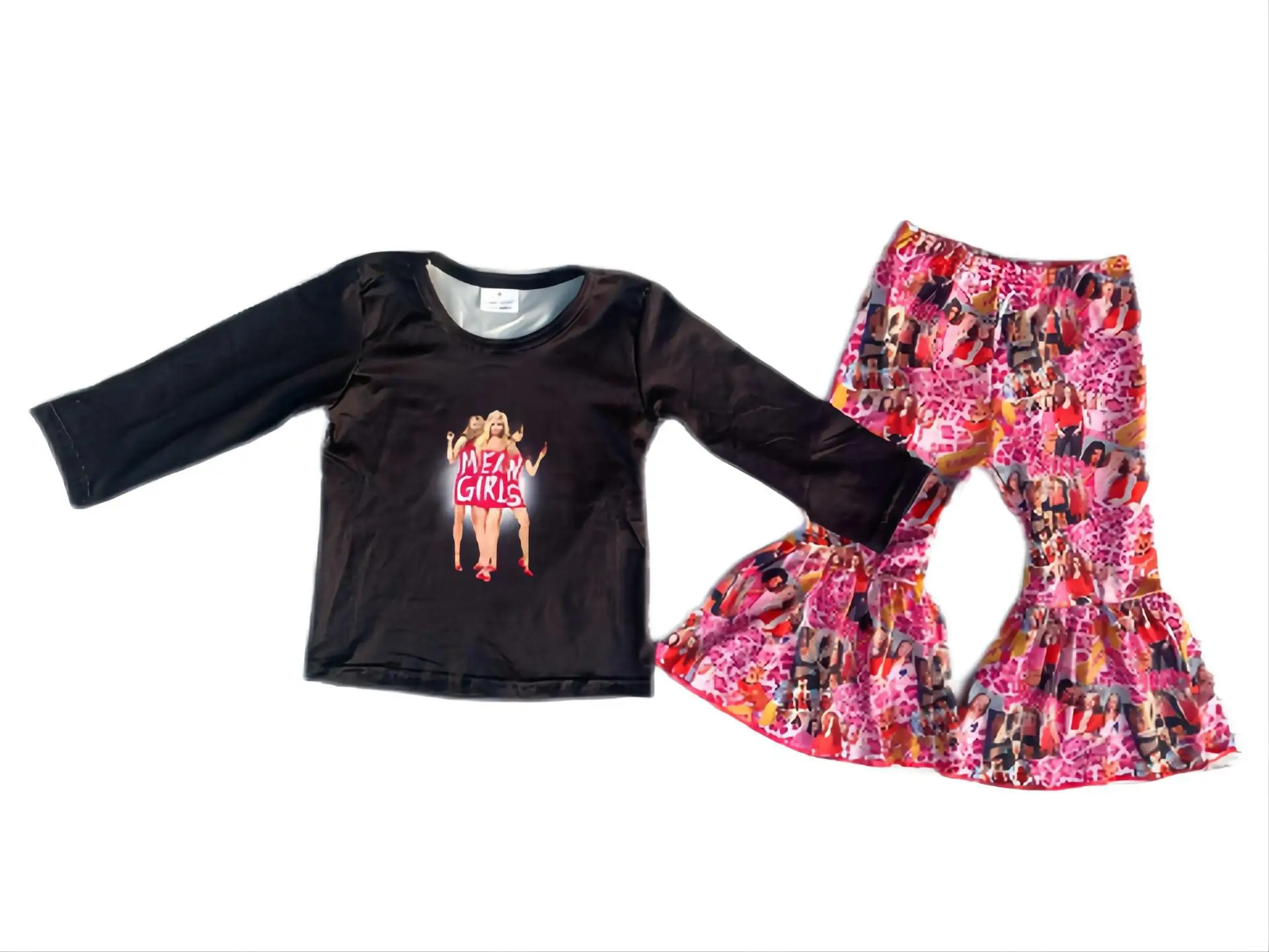 

Children's Fashion Short-Sleeved Cartoon Print Character Flared Pants Girl Suit Kids Boutique Clothing