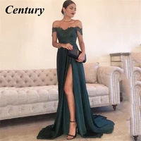 century satin a line prom gown brush train wedding party dress off the shoulder special occasion dresses dark green prom dresses