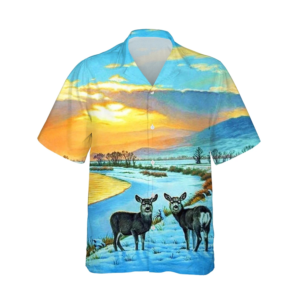 

New 3D Art Oil Painting Print Hawaiian Men Shirt 3d Deer Horse Sunset Lake Pattern Short Sleeve Casual Fashion Loose Tops Camisa