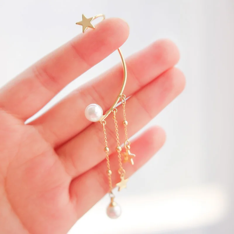 

Cute Gold Star Moon Tassel Pearl Earrings Dainty Starry Sky Asymmetric Clip Earring for Women