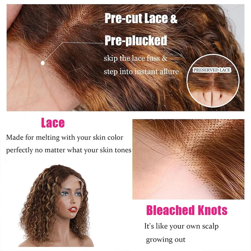 4/27 Ombre Highlight Deep Wave Bob Wig 13x4 Кружевные Фронтальные Человеческие Волосы 150% Плотность