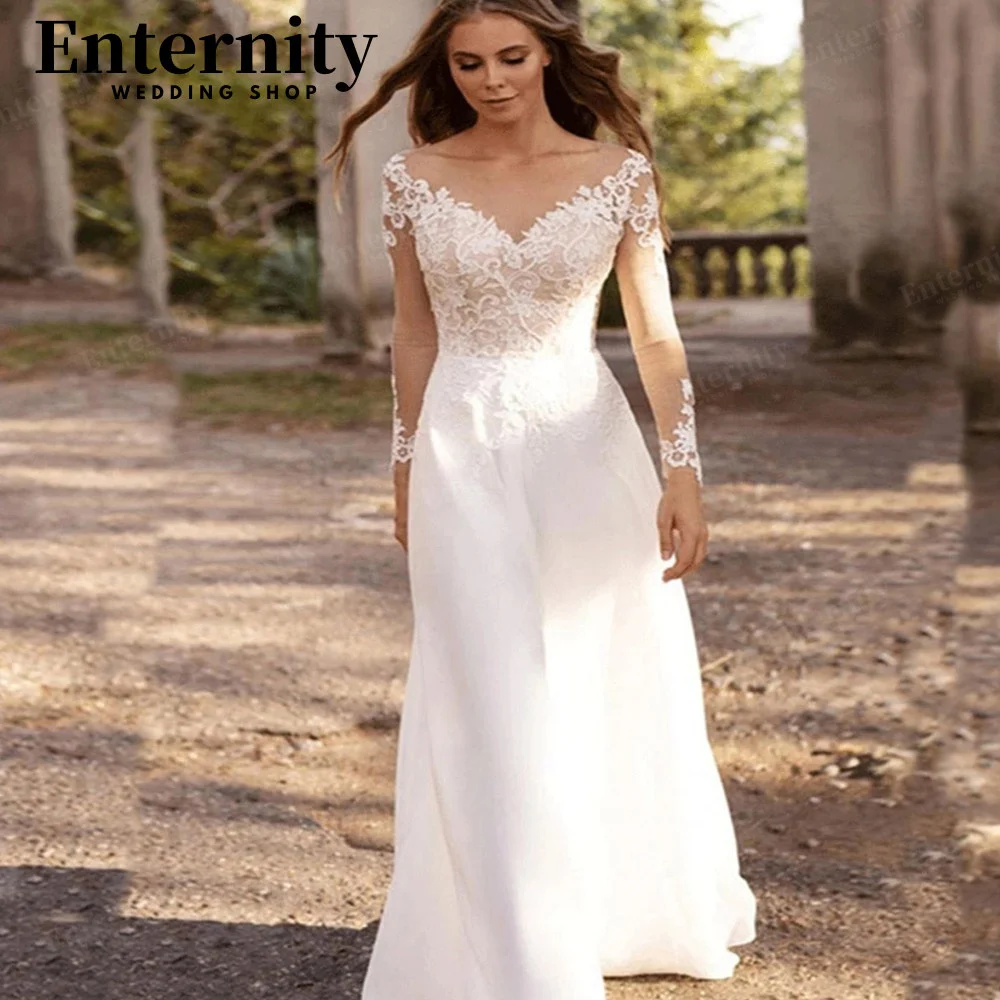 

Captivating V Neck Beach Wedding Gowns A Line Long Sleeve Bride Dresses Boho Lace Appliques 2022 Robe De Mariée Customize