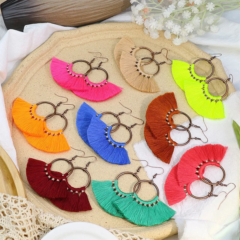 Vintage Ethnic Colorful Tassel Earrings for Women Bohemian Temperament Long Geometric Circle Dangle Earrings Jhumka Jewelry
