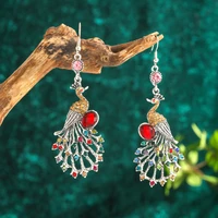 exaggerated rhinestone peacock earrings for women vintage ethnic long creative silver color indian animal earring jhumka jewelry