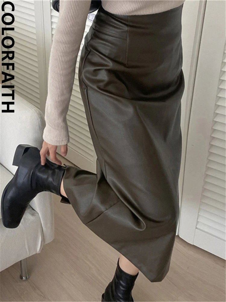 

Colorfaith New 2022 Vintage Korean Fashion High Waist A-Line Slit Elegant Autumn Winter Women Long PU Leather Skirts SK11267