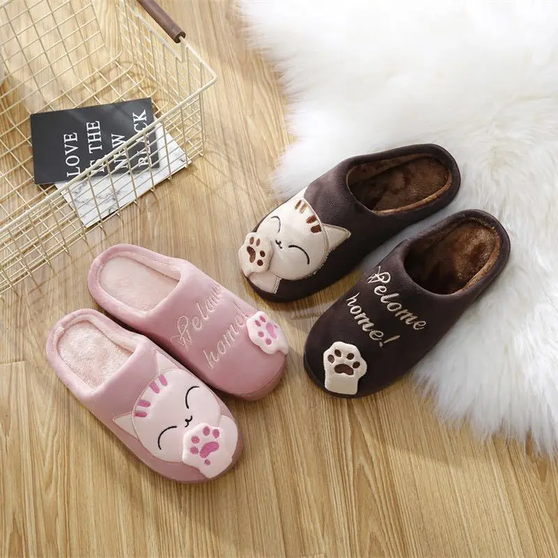 Winter Plush Flat Slippers Warm Cute Cartoon Embroidered Round Toe Flats Indoor Women's Bedroom Shoes Zapatillas Casa Mujer