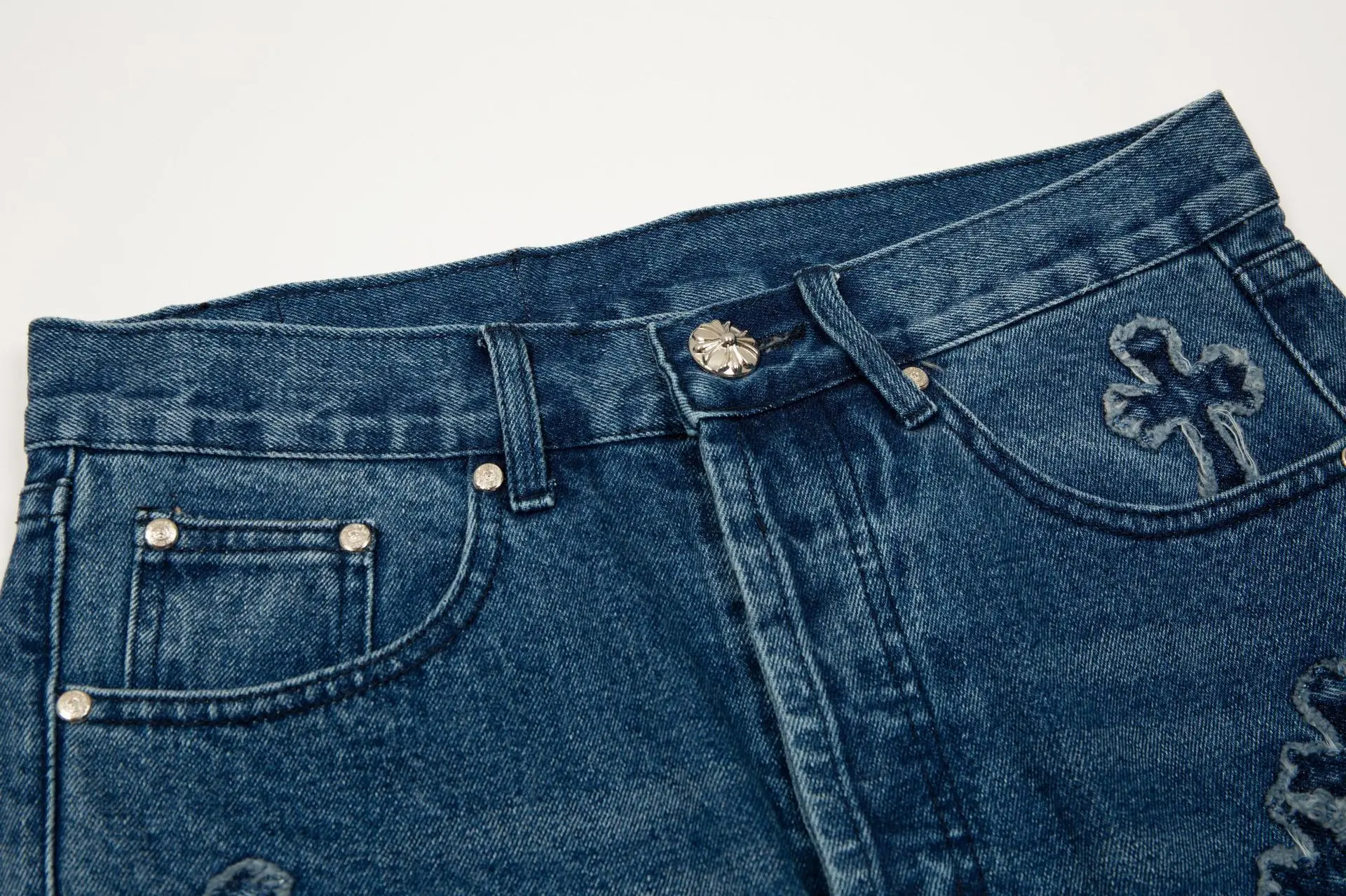 Blue Men Women Trousers Retro Cross Patch Distressed Straight Jeans Pants High Street Streetwear Fashion Loose Denim Pantalones