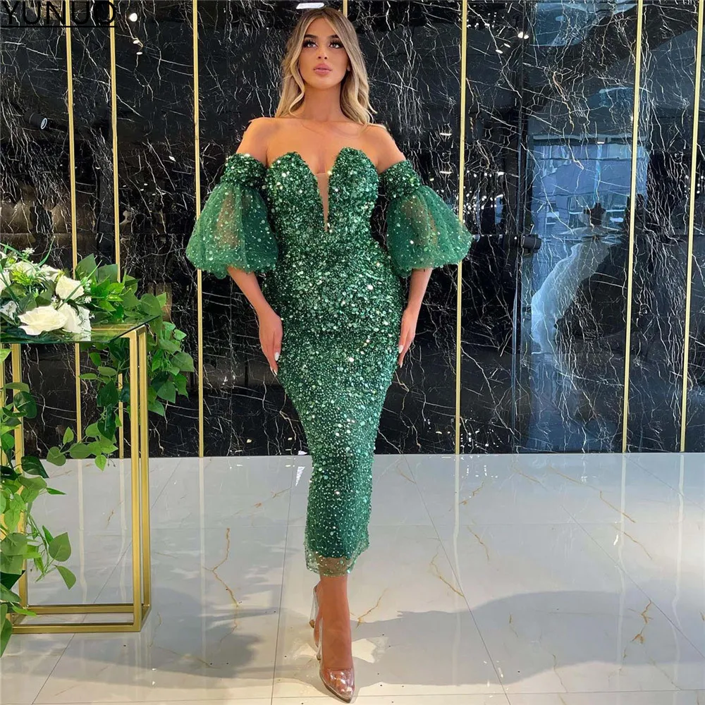 

YUNUO Luxury Beading Short Green Arabic Cocktail Prom Dresses Off Shoulder Dubai Evening Dress Party Gowns robe de soirée femme