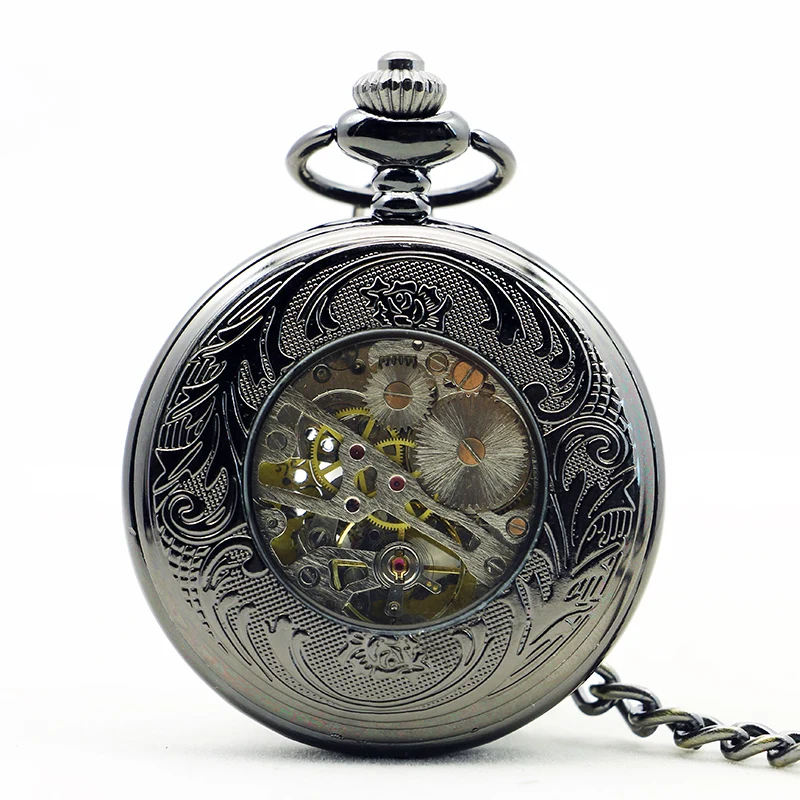 Cool Black Steam Roman Numbers Mechanical Automatic Pocket Watch Fob Watches Casual Skeleton Clock relojes de bolsillo