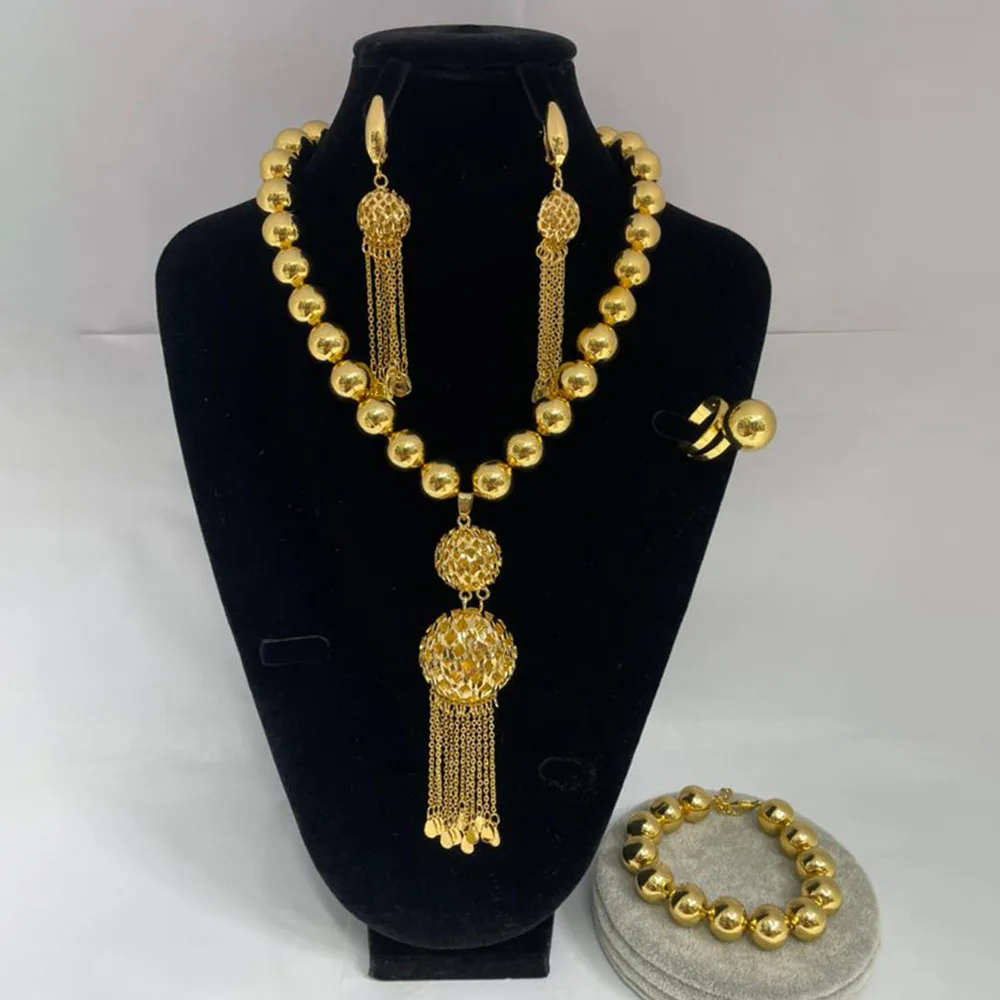 

Dubai African Gold Color Jewelry Set for Women Tassel Drop Earrings and Necklace Weddings Party Jewellery Set Anniversary Gifts