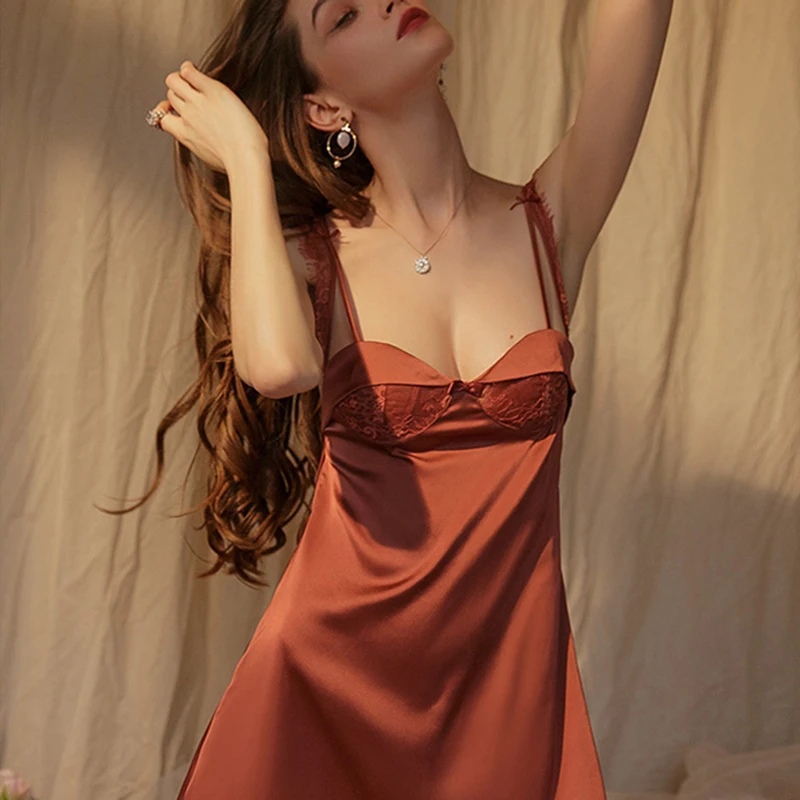 Sexy Women's Satin Sleepwear Beautyback Lace Nightdress Thin Homewear Nightwear Ice Silk Sleeveless Nightgown Night Dress M-XL