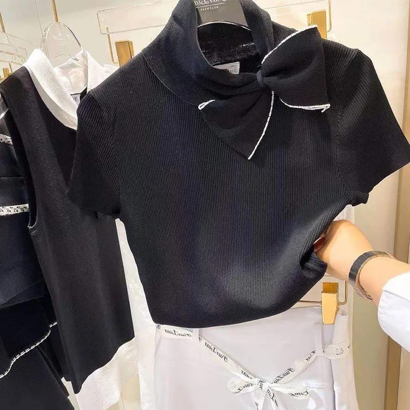 

Women's Golf Short Sleeve Shirt Bowknot Pearl Collar Women Knitted Shirt