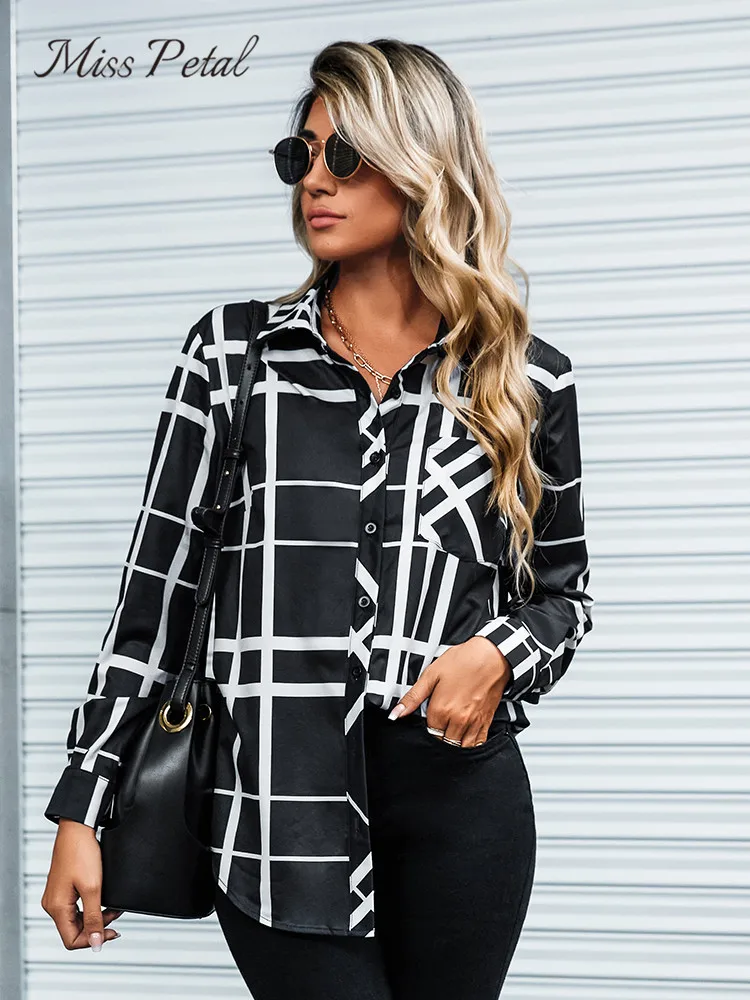 

Женская блузка на пуговицах MISS PETAL, Повседневная рубашка с длинным рукавом и принтом в клетку, блузка с карманами, уличная одежда для весны и ...