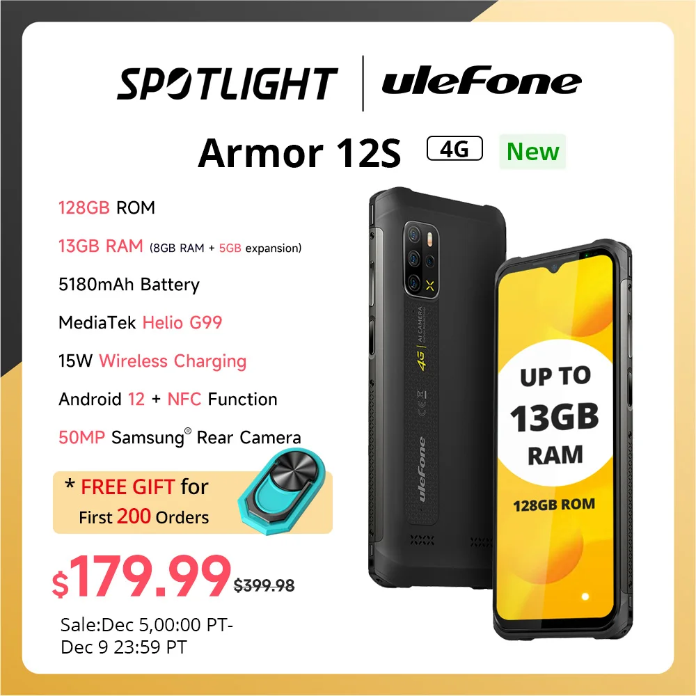 Ulefone Armor 12S Rugged Smartphone Helio G99 4G Mobile Phones Android 12 NFC 50MP 5180mAh 8GB+128GB Waterproof global version