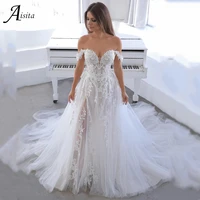 gorgeous a line bridal gowns with lace embroidery sexy off the shoulder wedding dress beach tulle sweep train vestidos de novia