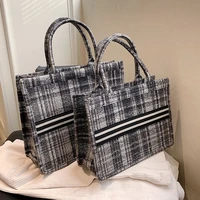 2022 new large capacity literary plaid all match western style canvas fashion high end texture womens one shoulder tote handbag
