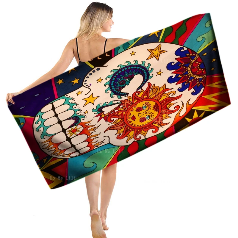 

Psychedelic Sun And Moon Mystic Mexican Skeleton Day Of The Dead Rose Sugar Skull Halloween Quick Drying Towel By Ho Me Lili
