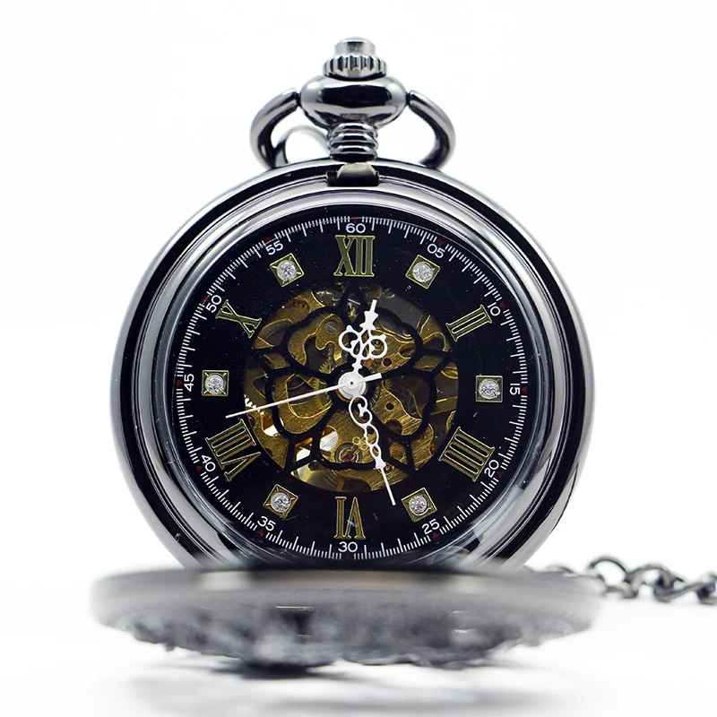 Vintage Charm Black Pocket Watches Mechanical For Men Women Steampunk Necklace Pendant with Chain Unisex Fashion Fob Watches