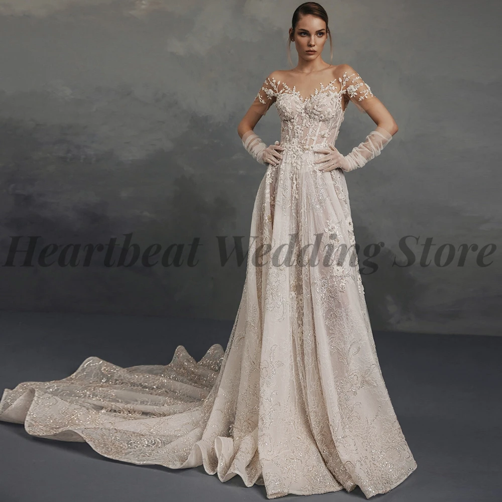 

Jewel Classic Wedding Dress Brides Short Sleeve Backless Court Train Lace-Up Applique Lace Sequins Beads A-Line Bridal Gowns